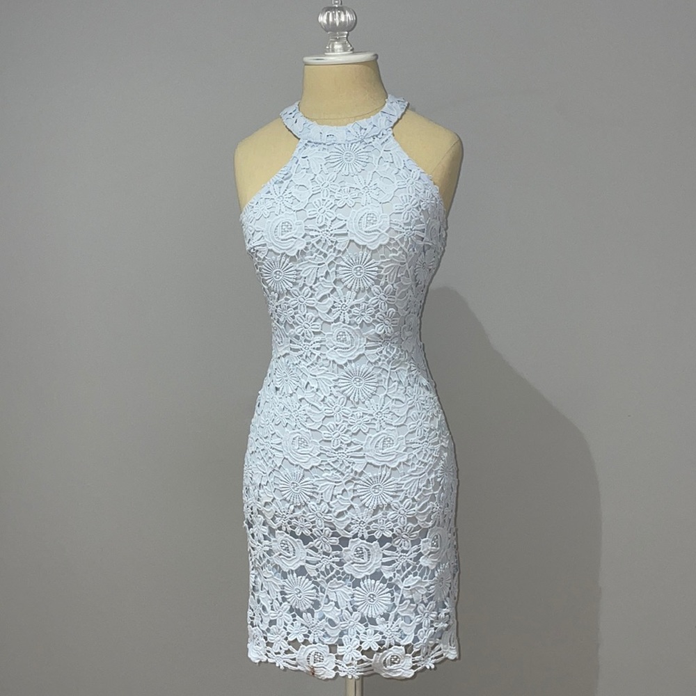 Light Blue crochet high neck halter  mini dress